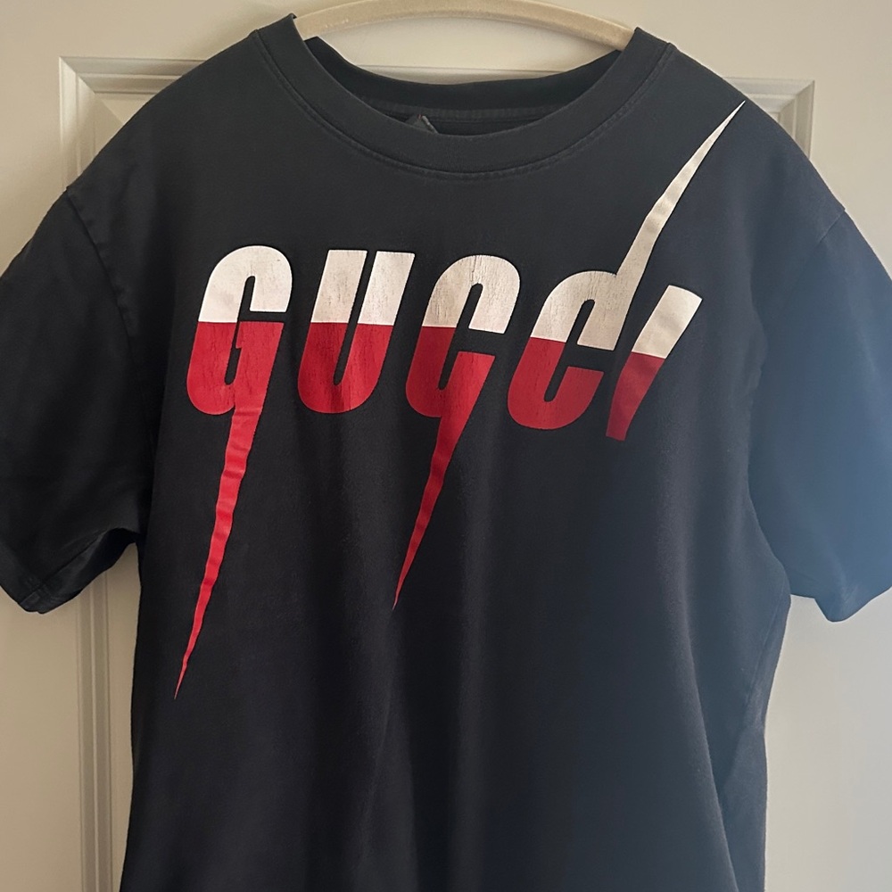Gucci Men's Black Tee with Red and White Design